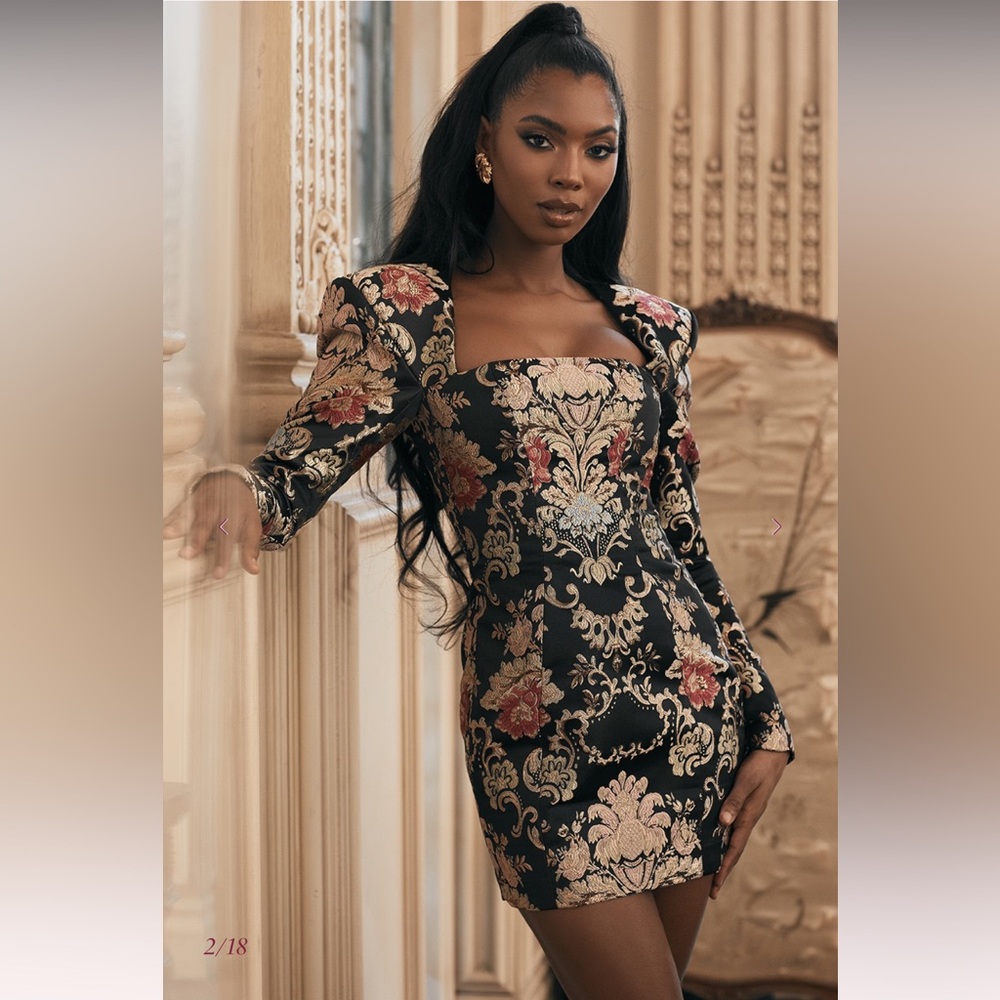 House of CB Black Brocade Mini Dress with Gold and Pink Floral Accents
